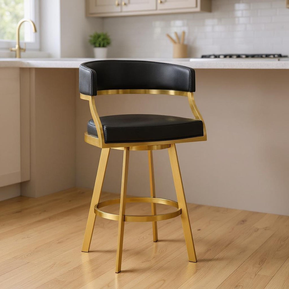 HomeRoots 26" Black Faux Leather Swivel Counter Stool with Gold Stainless Steel Base for Modern Dining Style 569176