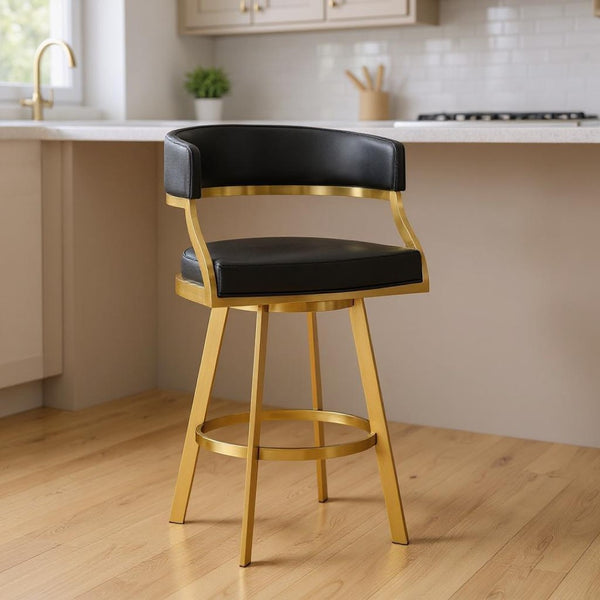 HomeRoots 26" Black Faux Leather Swivel Counter Stool with Gold Stainless Steel Base for Modern Dining Style 569176