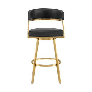 HomeRoots 26" Black Faux Leather Swivel Counter Stool with Gold Stainless Steel Base for Modern Dining Style 569176