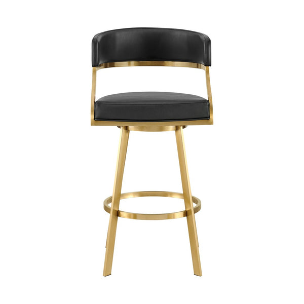 HomeRoots 26" Black Faux Leather Swivel Counter Stool with Gold Stainless Steel Base for Modern Dining Style 569176