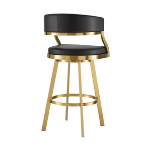 HomeRoots 26" Black Faux Leather Swivel Counter Stool with Gold Stainless Steel Base for Modern Dining Style 569176