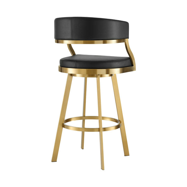 HomeRoots 26" Black Faux Leather Swivel Counter Stool with Gold Stainless Steel Base for Modern Dining Style 569176