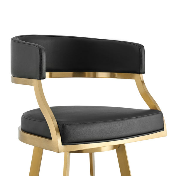 HomeRoots 26" Black Faux Leather Swivel Counter Stool with Gold Stainless Steel Base for Modern Dining Style 569176