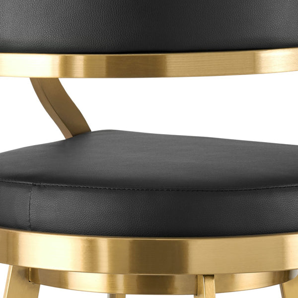 HomeRoots 26" Black Faux Leather Swivel Counter Stool with Gold Stainless Steel Base for Modern Dining Style 569176