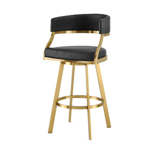 Homeroots 30" Black And Gold Faux Leather And Stainless Steel Low Back Bar Height Swivel Bar Chair   569177