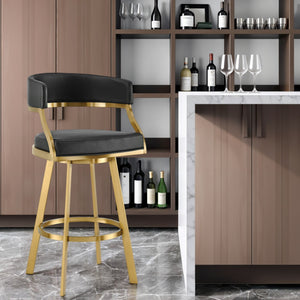 Homeroots 30" Black And Gold Faux Leather And Stainless Steel Low Back Bar Height Swivel Bar Chair   569177
