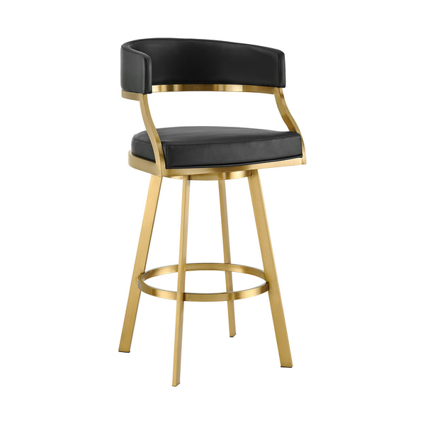 Homeroots 30" Black And Gold Faux Leather And Stainless Steel Low Back Bar Height Swivel Bar Chair   569177