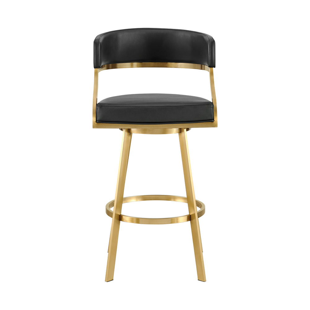 Homeroots 30" Black And Gold Faux Leather And Stainless Steel Low Back Bar Height Swivel Bar Chair   569177