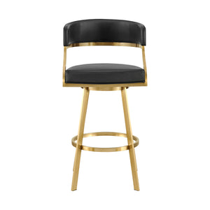Homeroots 30" Black And Gold Faux Leather And Stainless Steel Low Back Bar Height Swivel Bar Chair   569177
