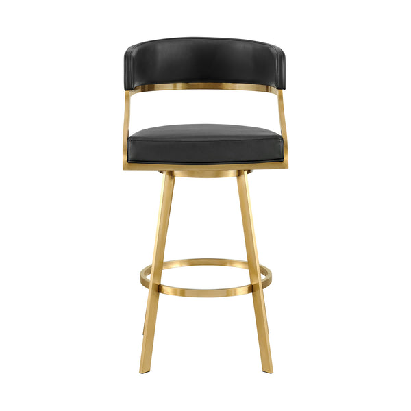 Homeroots 30" Black And Gold Faux Leather And Stainless Steel Low Back Bar Height Swivel Bar Chair   569177