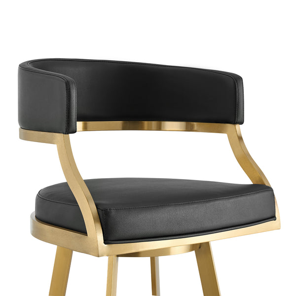 Homeroots 30" Black And Gold Faux Leather And Stainless Steel Low Back Bar Height Swivel Bar Chair   569177