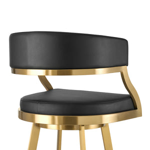 Homeroots 30" Black And Gold Faux Leather And Stainless Steel Low Back Bar Height Swivel Bar Chair   569177