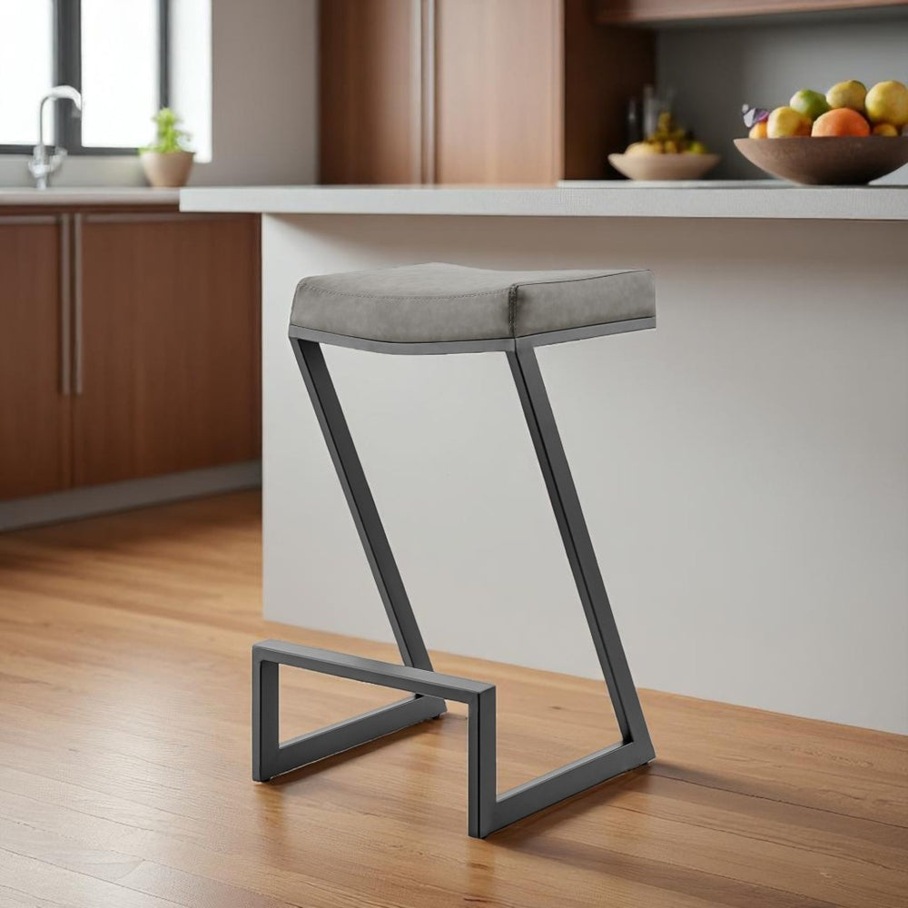 HomeRoots 26" Gray Faux Leather Backless Counter Stool with Black Iron Frame for Modern Industrial Style 569178
