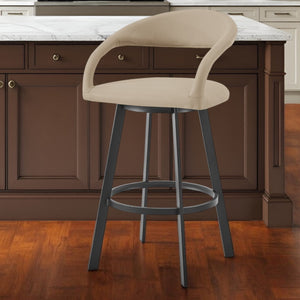 Homeroots 26" Beige And Black Faux Leather And Iron Low Back Counter Height Swivel Bar Chair   569180