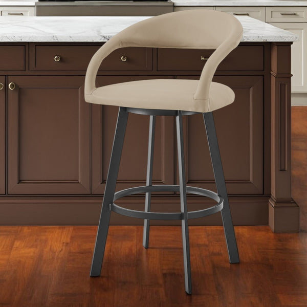 Homeroots 26" Beige And Black Faux Leather And Iron Low Back Counter Height Swivel Bar Chair   569180