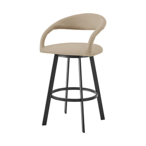 Homeroots 30" Beige And Black Faux Leather And Iron Low Back Bar Height Swivel Bar Chair   569181