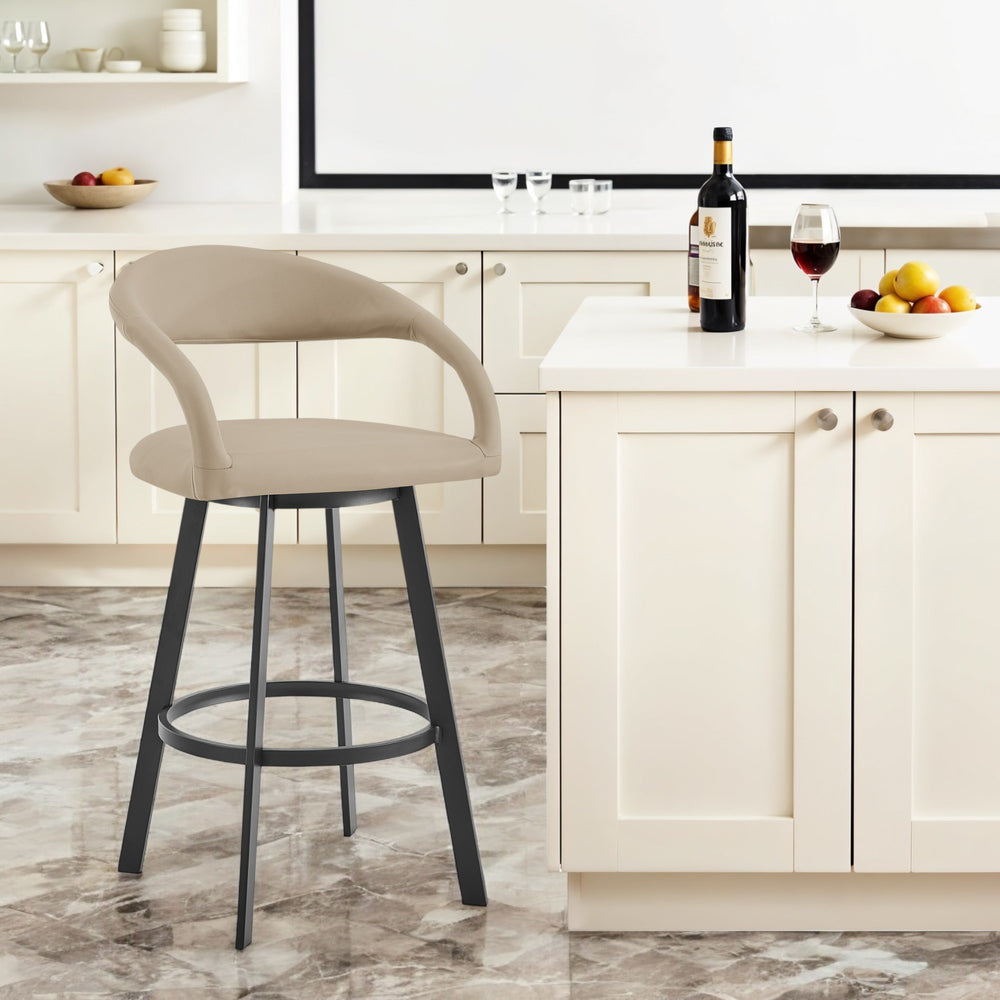 Homeroots 30" Beige And Black Faux Leather And Iron Low Back Bar Height Swivel Bar Chair   569181