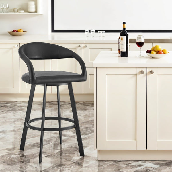 Homeroots 30" Black Faux Leather And Iron Low Back Bar Height Swivel Bar Chair   569183