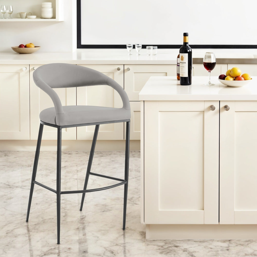 Homeroots 30" Light Gray And Black Faux Leather And Iron Low Back Bar Height Bar Chair   569185