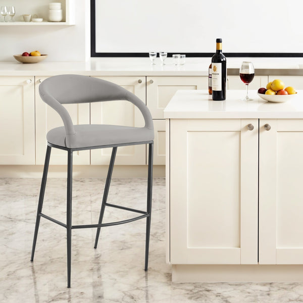 Homeroots 30" Light Gray And Black Faux Leather And Iron Low Back Bar Height Bar Chair   569185