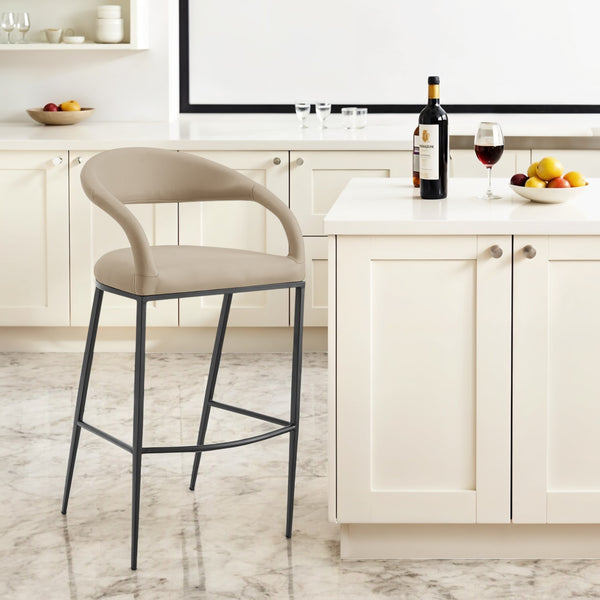 Homeroots 30" Beige And Black Faux Leather And Iron Low Back Bar Height Bar Chair   569187