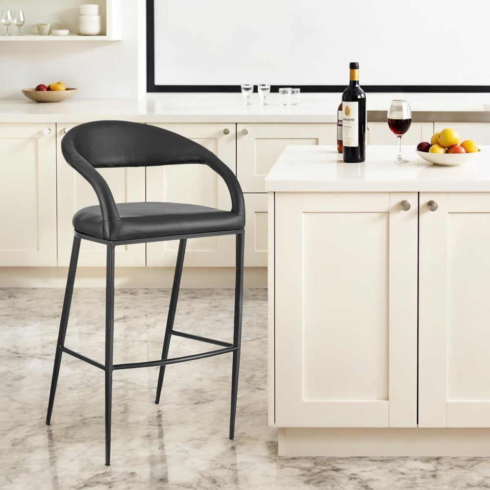 Homeroots 30" Black Faux Leather And Iron Low Back Bar Height Bar Chair   569189