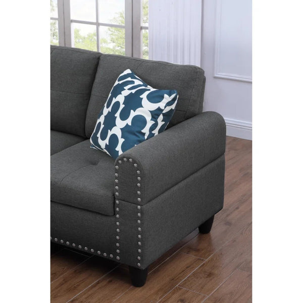 English Elm Black Faux Leather L Shaped Sectional with Cup Holders Nailhead Trim Storage Dark Gray B2730S00032
