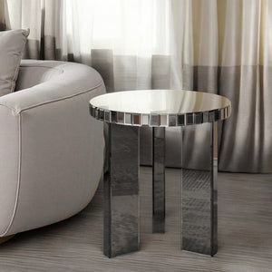 Homeroots 20" Silver And Black Faux Marble And Glass Round Mirrored End Table   569207