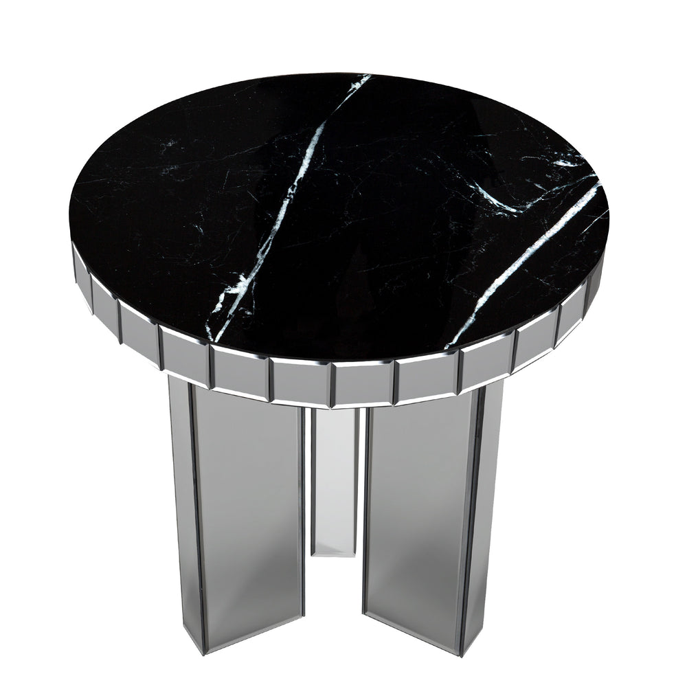 Homeroots 20" Silver And Black Faux Marble And Glass Round Mirrored End Table   569207