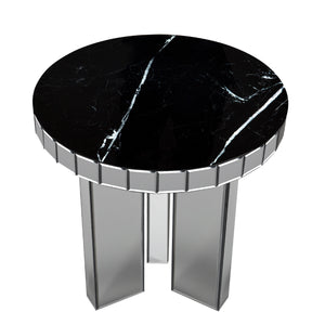 Homeroots 20" Silver And Black Faux Marble And Glass Round Mirrored End Table   569207