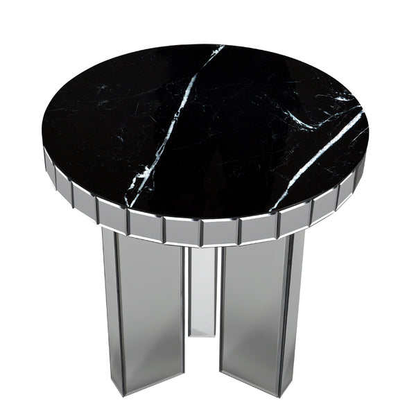 Homeroots 20" Silver And Black Faux Marble And Glass Round Mirrored End Table   569207