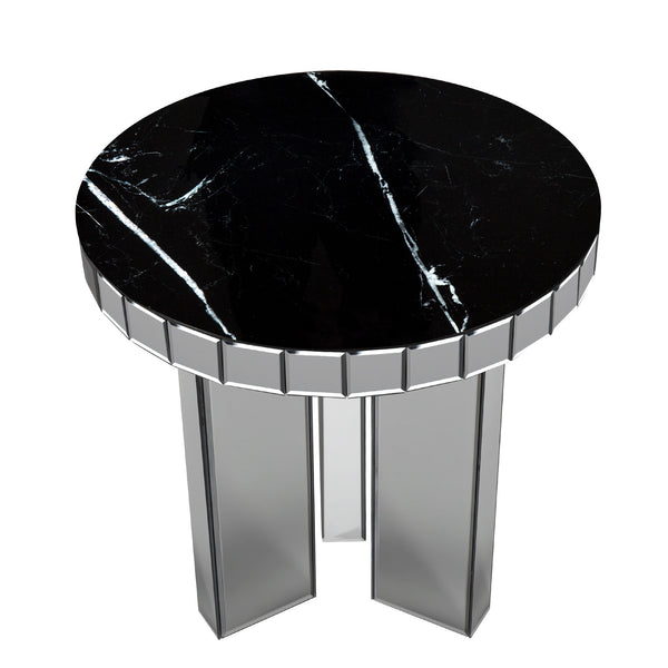 Homeroots 20" Silver And Black Faux Marble And Glass Round Mirrored End Table   569207