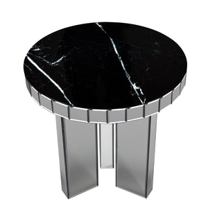Homeroots 20" Silver And Black Faux Marble And Glass Round Mirrored End Table   569207