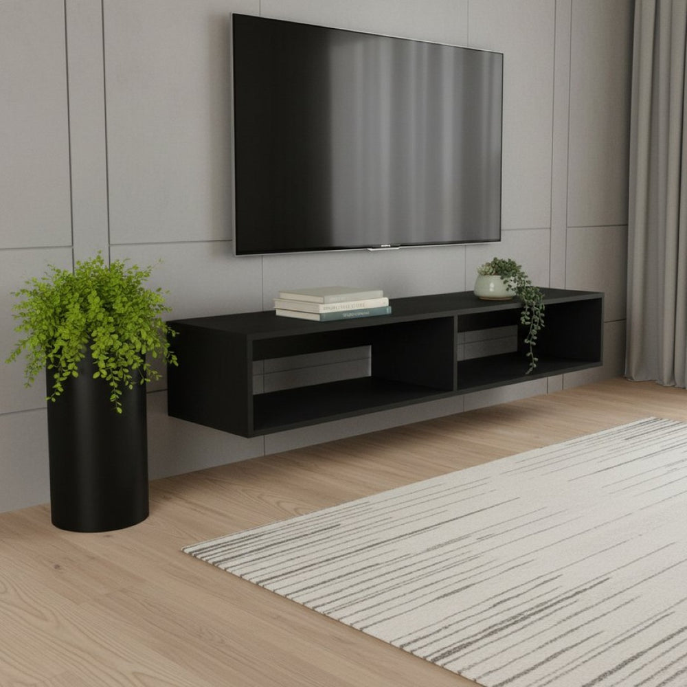 HomeRoots 59" Black Floating Mount TV Stand - Modern Wall-Mounted Design with Open Storage & Cable Management 569213