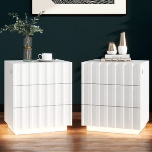 Homeroots 20" Black Three Drawer Ribbed Texture Wood Lighted Nightstand With Storage   569254