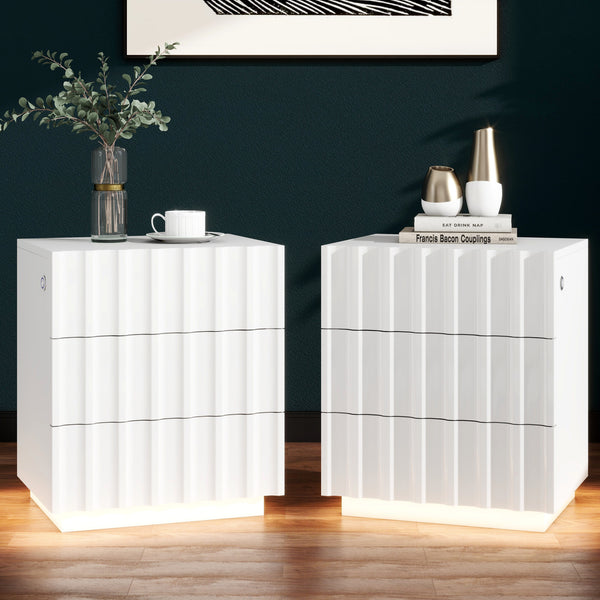 Homeroots 20" Black Three Drawer Ribbed Texture Wood Lighted Nightstand With Storage   569254