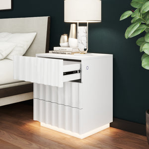 Homeroots 20" Black Three Drawer Ribbed Texture Wood Lighted Nightstand With Storage   569254