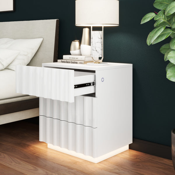 Homeroots 20" Black Three Drawer Ribbed Texture Wood Lighted Nightstand With Storage   569254