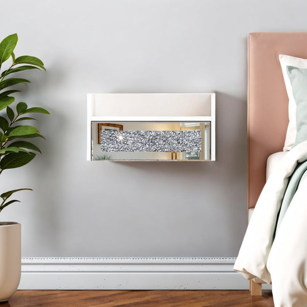Homeroots 14" White Wood Faux Crystal Bling And Mirrored Glass One Drawer Floating Nightstand   569255
