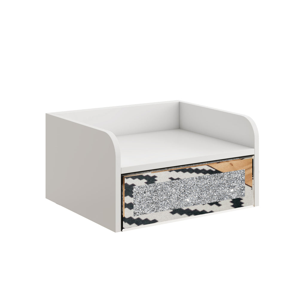 Homeroots 14" White Wood Faux Crystal Bling And Mirrored Glass One Drawer Floating Nightstand   569255
