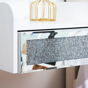 Homeroots 14" White Wood Faux Crystal Bling And Mirrored Glass One Drawer Floating Nightstand   569255