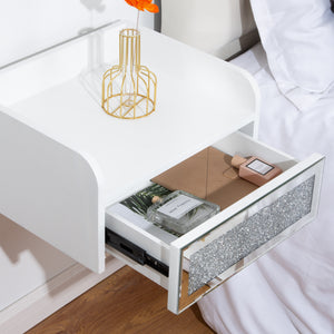 Homeroots 14" White Wood Faux Crystal Bling And Mirrored Glass One Drawer Floating Nightstand   569255