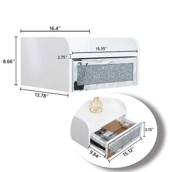 Homeroots 14" White Wood Faux Crystal Bling And Mirrored Glass One Drawer Floating Nightstand   569255