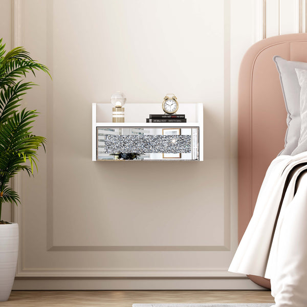 Homeroots 14" White Wood Faux Crystal Bling And Mirrored Glass One Drawer Floating Nightstand   569255