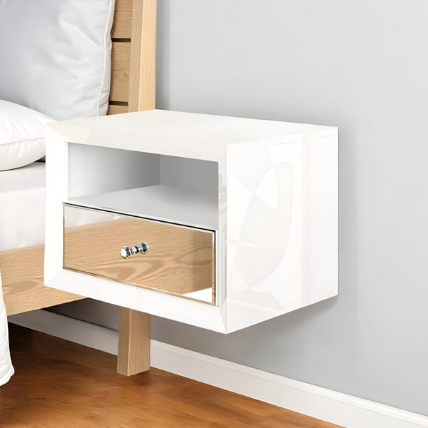 Homeroots 13" White Wood And Mirrored Glass One Drawer Floating Nightstand   569256
