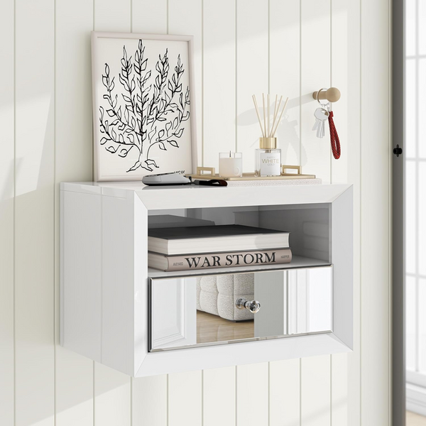 Homeroots 13" White Wood And Mirrored Glass One Drawer Floating Nightstand   569256