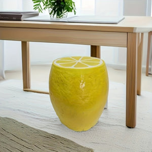 English Elm Yellow Lemon Shaped Resin Stool Playful Citrus Accent for Patio Sunroom or Kitchen W5709P493646