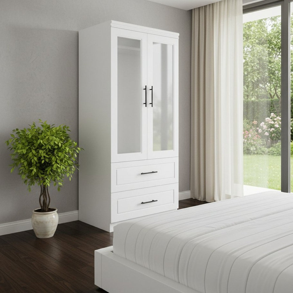 HomeRoots 71" Clear and White Modern Combo Dresser with 2 Doors & 2 Drawers for Stylish Bedroom Storage Solution 569281