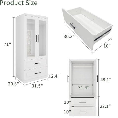 Homeroots 71" Elegant White And Clear Two-door Combo Dresser With Drawers For Stylish Storage Solutions  Manufactured Wood 569281
