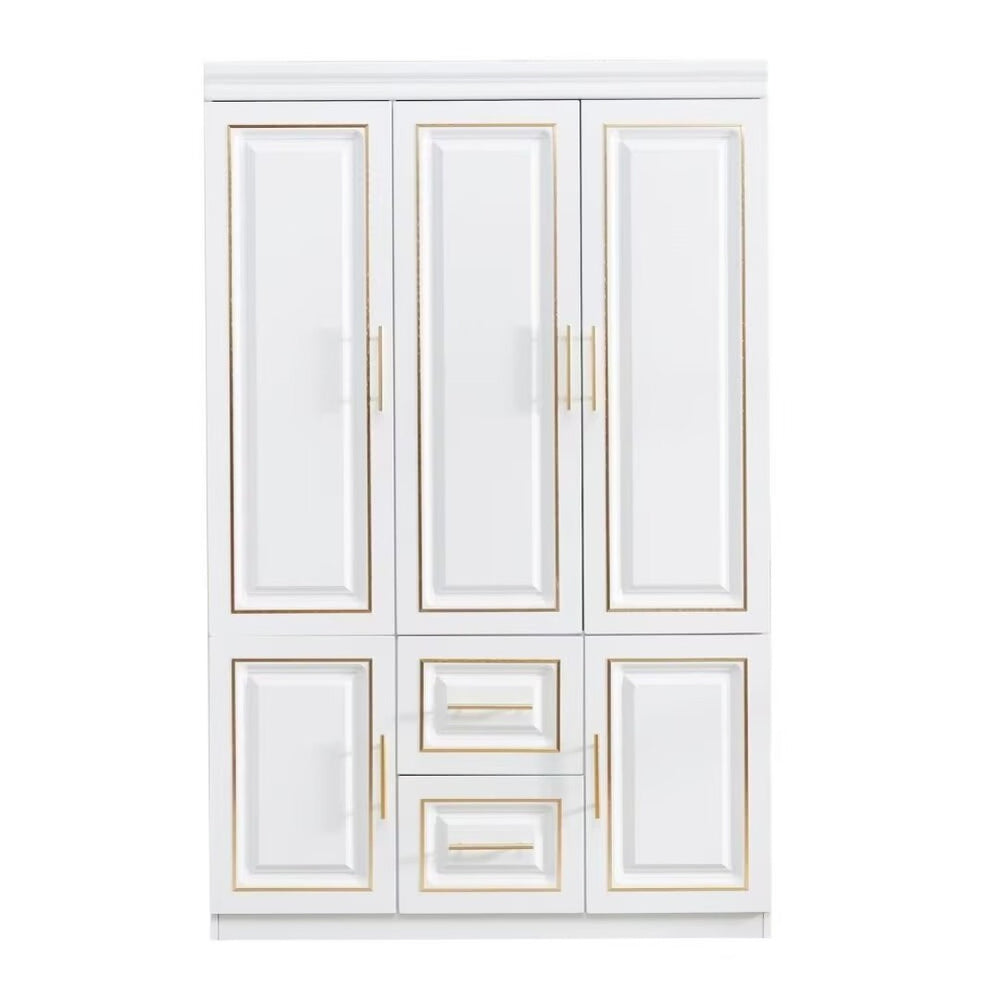 HomeRoots 74" White and Gold Glamorous Combo Dresser with Five Doors & Two Drawers for Stylish Storage Solutions 569282